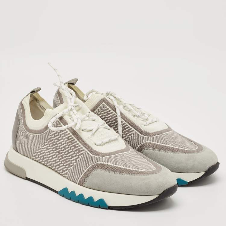 Pre Owned Hermes White/Grey Knit Fabric and Suede C-Addict Sneakers Size 44