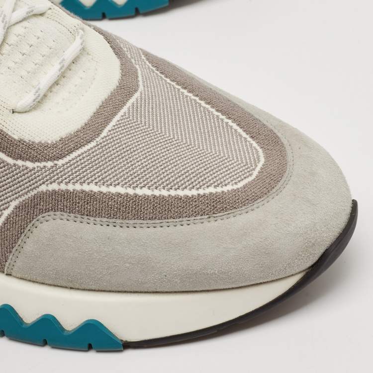 Pre Owned Hermes White/Grey Knit Fabric and Suede C-Addict Sneakers Size 44