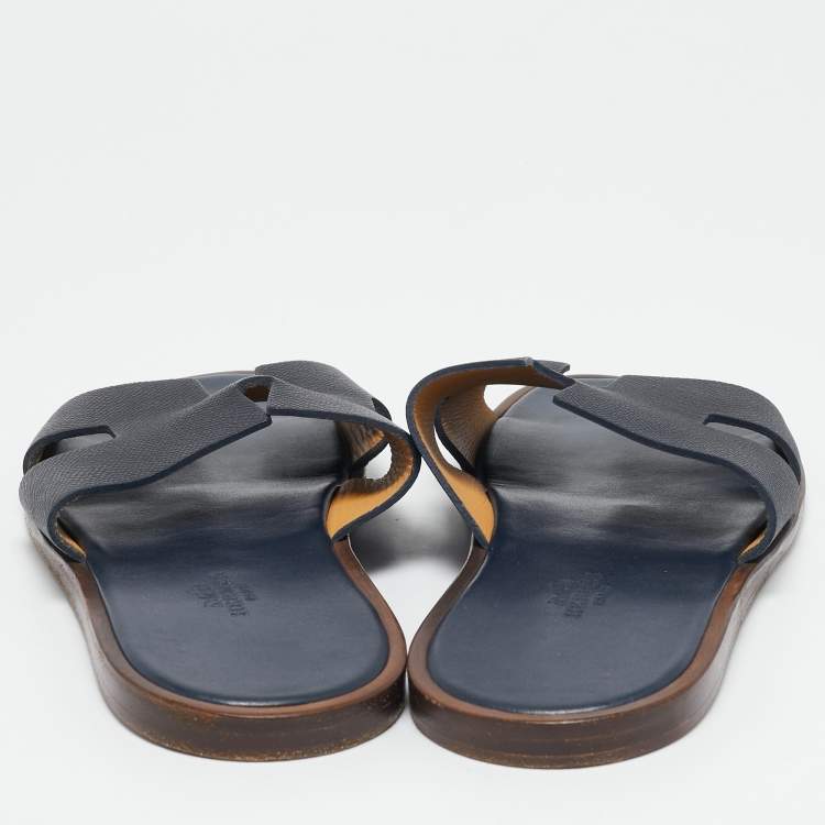 Pre Owned Hermes Navy Blue Leather Izmir Slide Flats Size 41