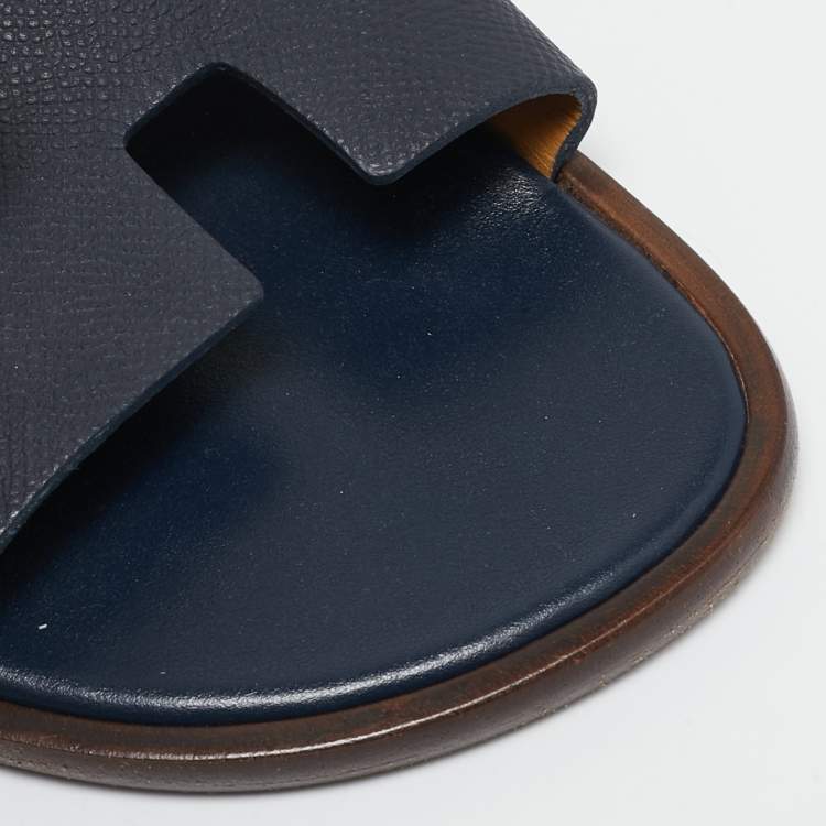 Pre Owned Hermes Navy Blue Leather Izmir Slide Flats Size 41