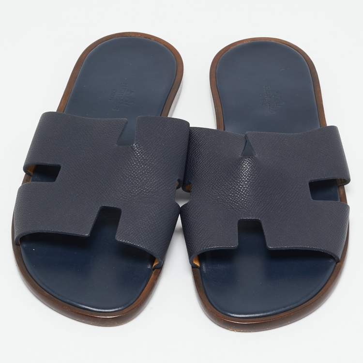 Pre Owned Hermes Navy Blue Leather Izmir Slide Flats Size 41