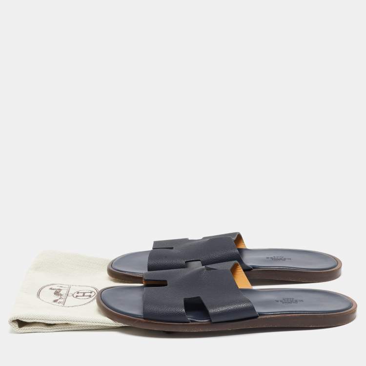 Pre Owned Hermes Navy Blue Leather Izmir Slide Flats Size 41