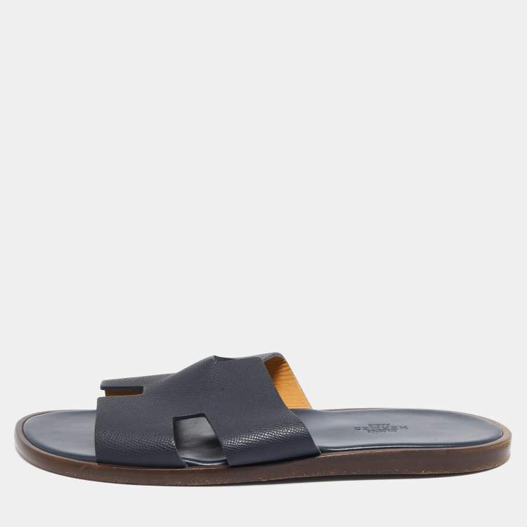 Pre Owned Hermes Navy Blue Leather Izmir Slide Flats Size 41