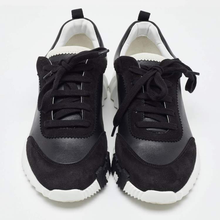 مملوكة مسبقًا Hermes Black Leather and Suede Bouncing Low Top Sneakers Size 40.5
