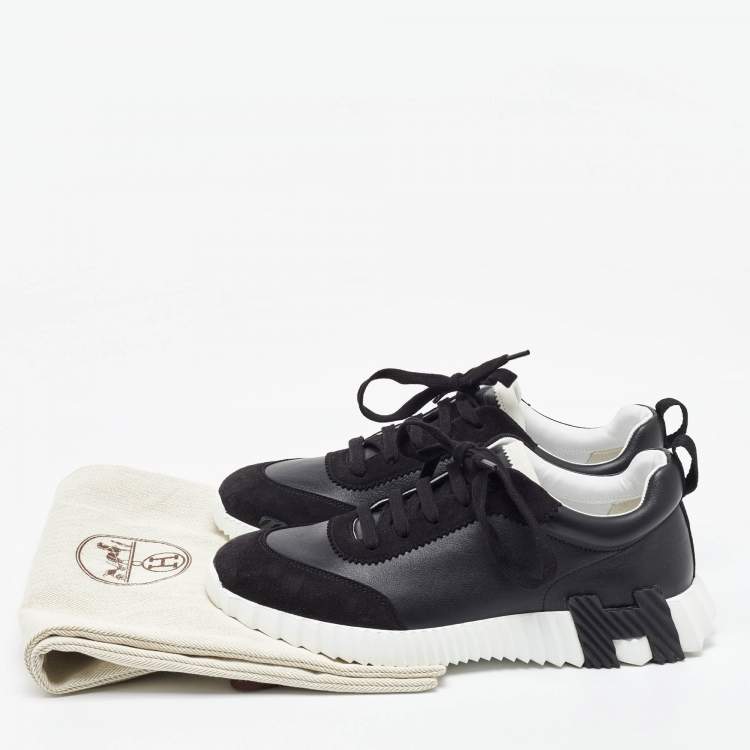 مملوكة مسبقًا Hermes Black Leather and Suede Bouncing Low Top Sneakers Size 40.5