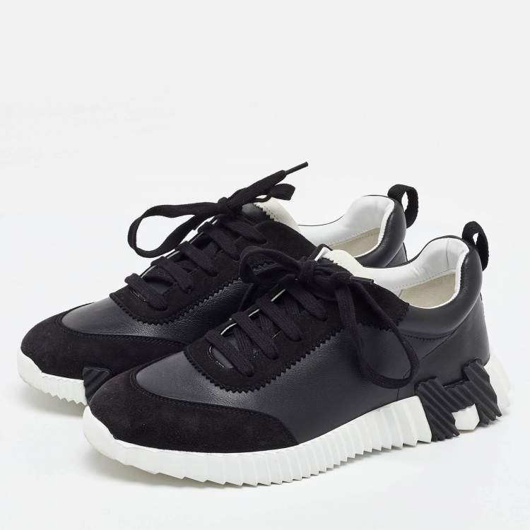 مملوكة مسبقًا Hermes Black Leather and Suede Bouncing Low Top Sneakers Size 40.5