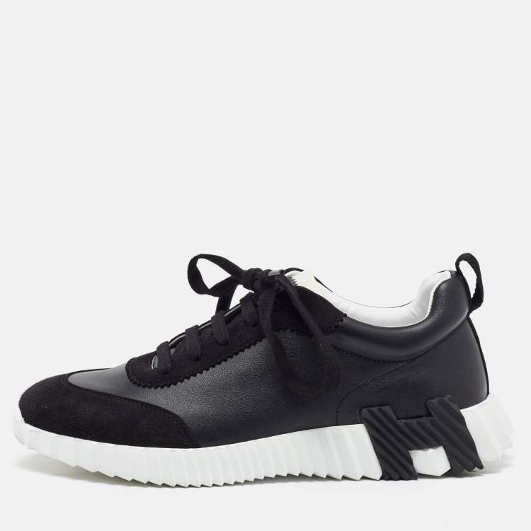 مملوكة مسبقًا Hermes Black Leather and Suede Bouncing Low Top Sneakers Size 40.5