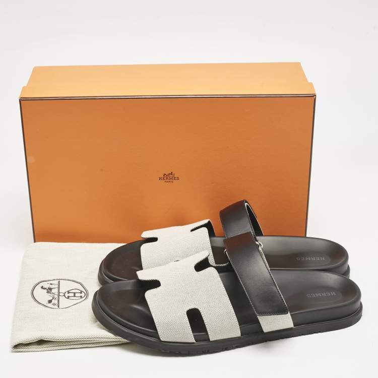 مملوكة مسبقًا Hermès Black/Off White Leather and Canvas Chypre Sandals Size 46
