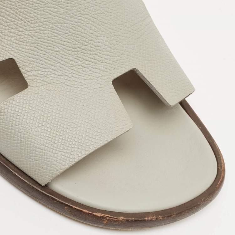 Pre Owned Hermes Grey Leather Izmir Flat Slides Size 41