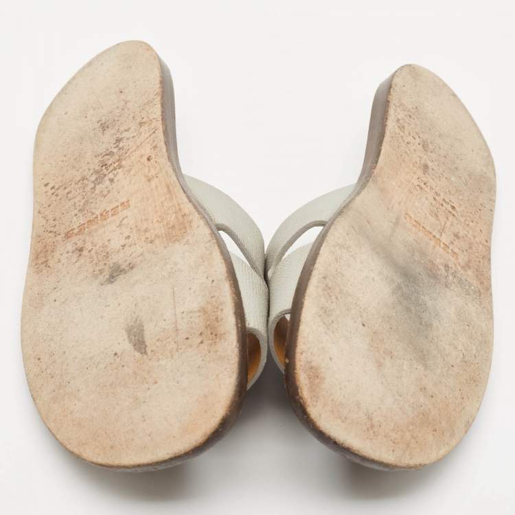 Pre Owned Hermes Grey Leather Izmir Flat Slides Size 41