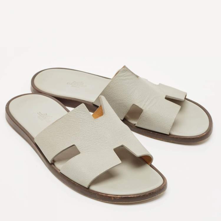 Pre Owned Hermes Grey Leather Izmir Flat Slides Size 41