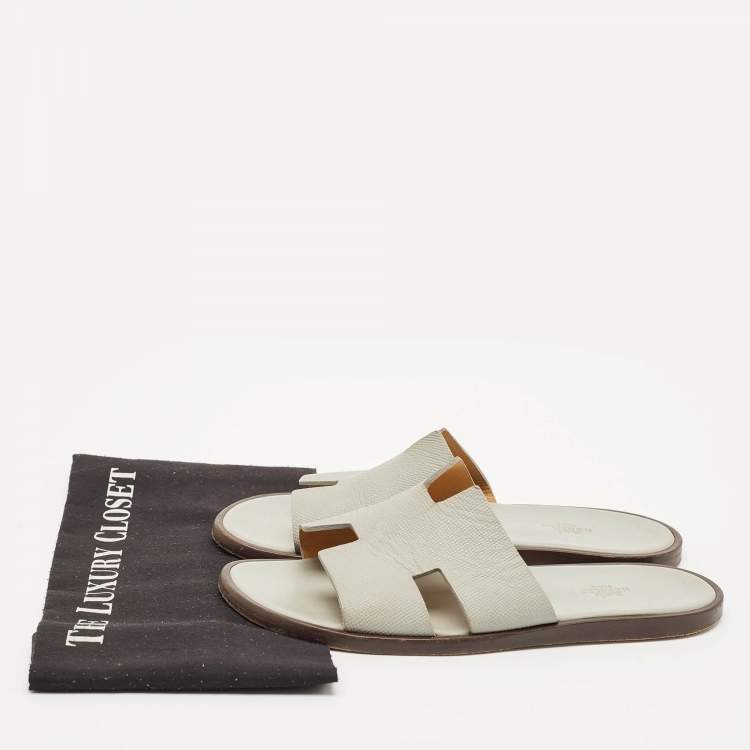 Pre Owned Hermes Grey Leather Izmir Flat Slides Size 41