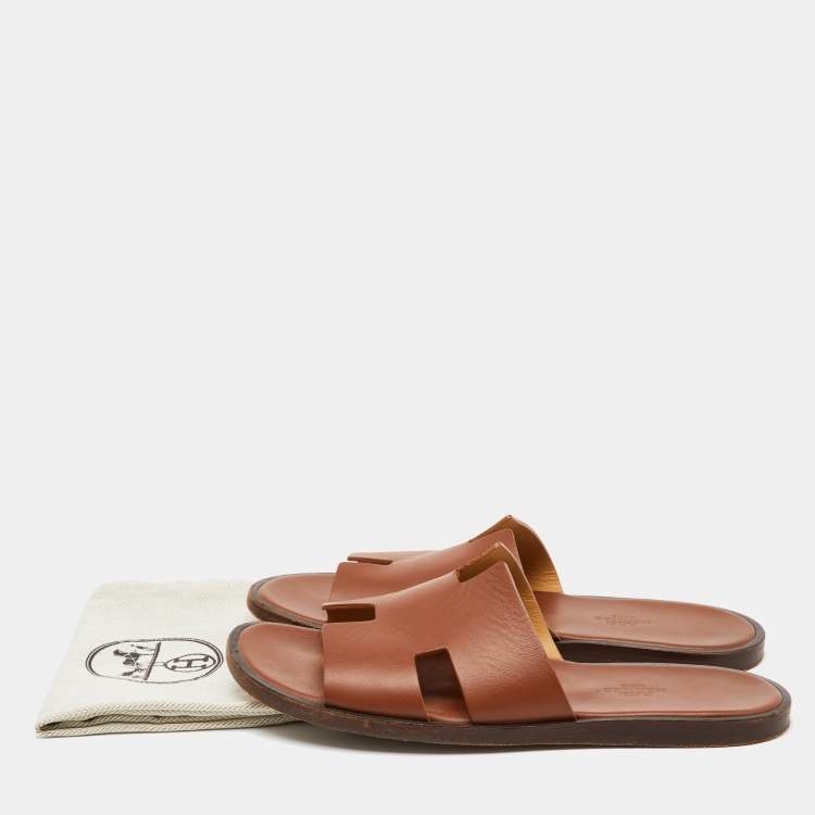 Pre Owned Hermes Brown Leather Izmir Flat Sandals Size 40.5