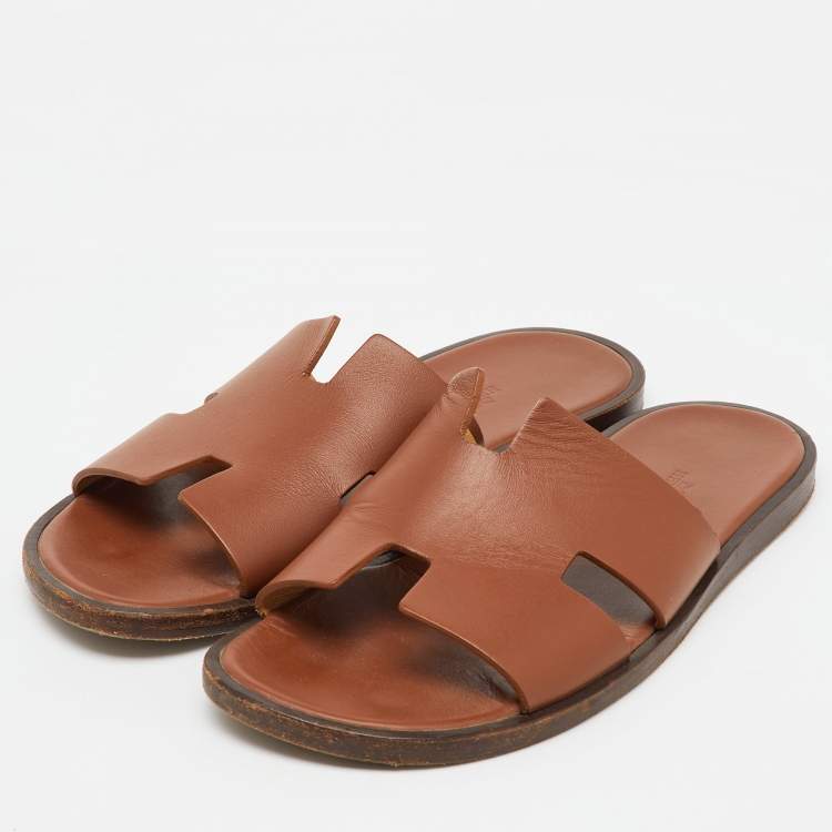 Pre Owned Hermes Brown Leather Izmir Flat Sandals Size 40.5