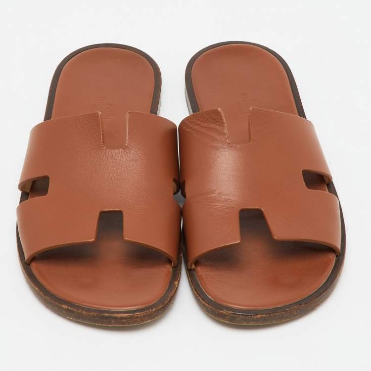 Pre Owned Hermes Brown Leather Izmir Flat Sandals Size 40.5