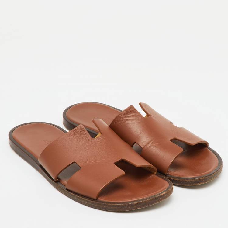 Pre Owned Hermes Brown Leather Izmir Flat Sandals Size 40.5