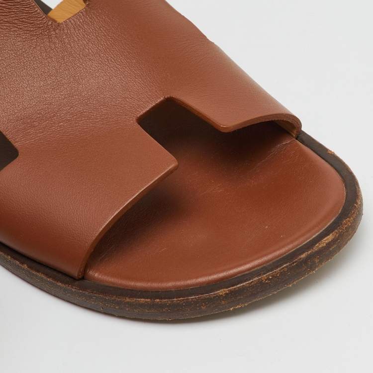 Pre Owned Hermes Brown Leather Izmir Flat Sandals Size 40.5