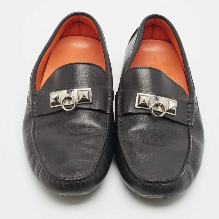 Pre Owned Hermes Black Leather Irving Slip On Loafers Size 41