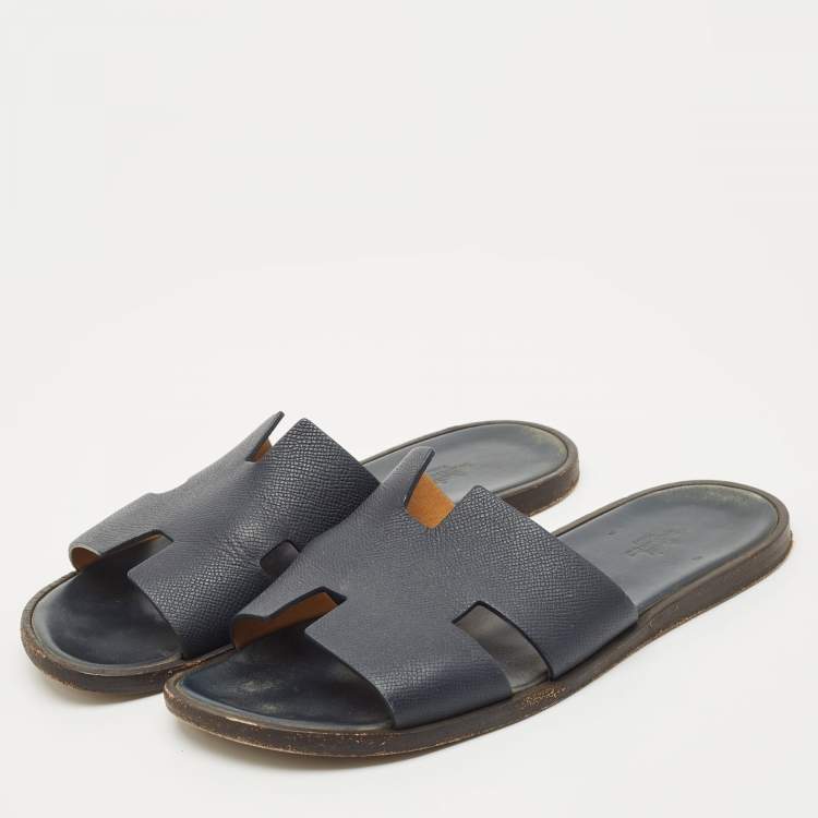 Pre Owned Hermes Navy Blue Leather Izmir Flat Slides Size 43