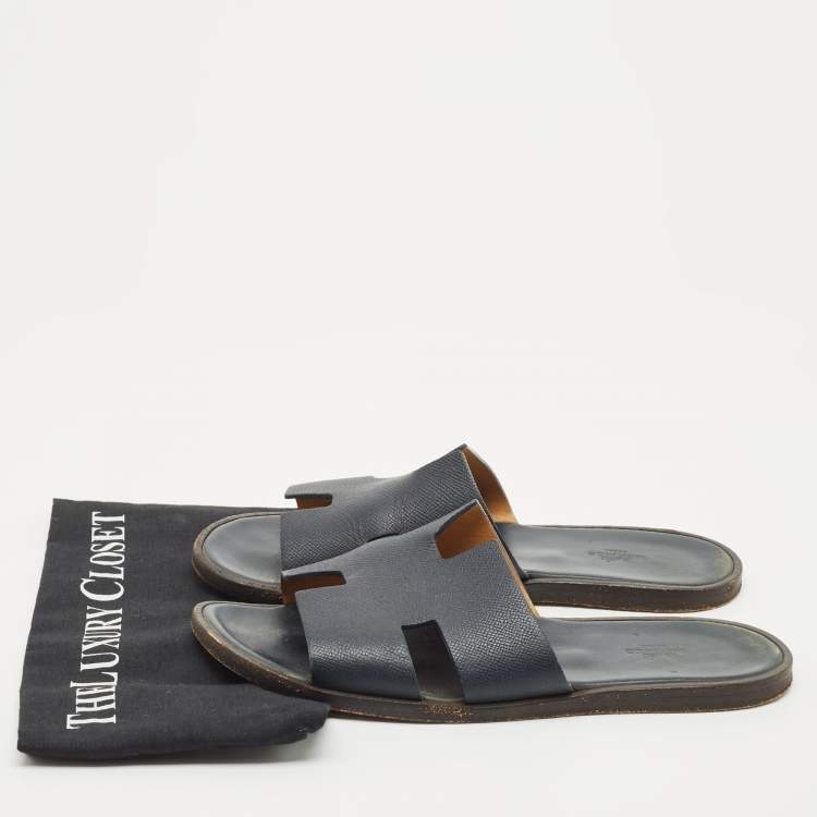 Pre Owned Hermes Navy Blue Leather Izmir Flat Slides Size 43