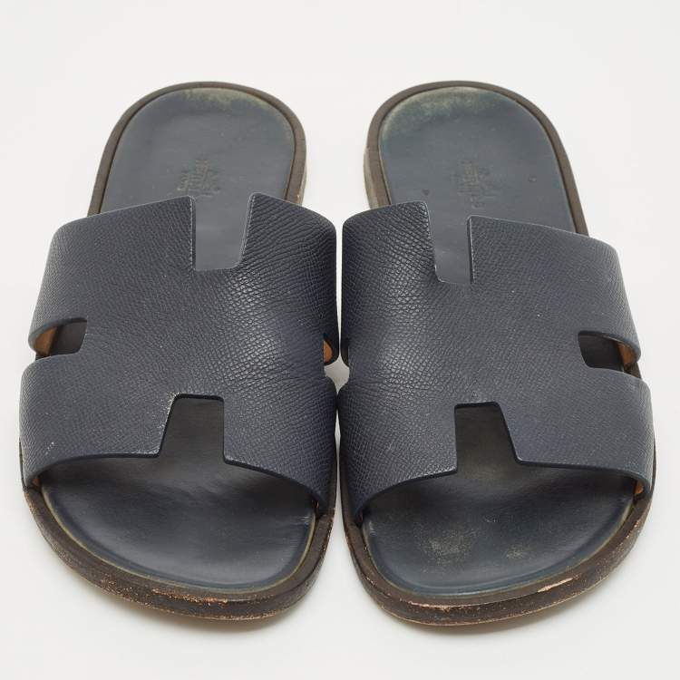 Pre Owned Hermes Navy Blue Leather Izmir Flat Slides Size 43
