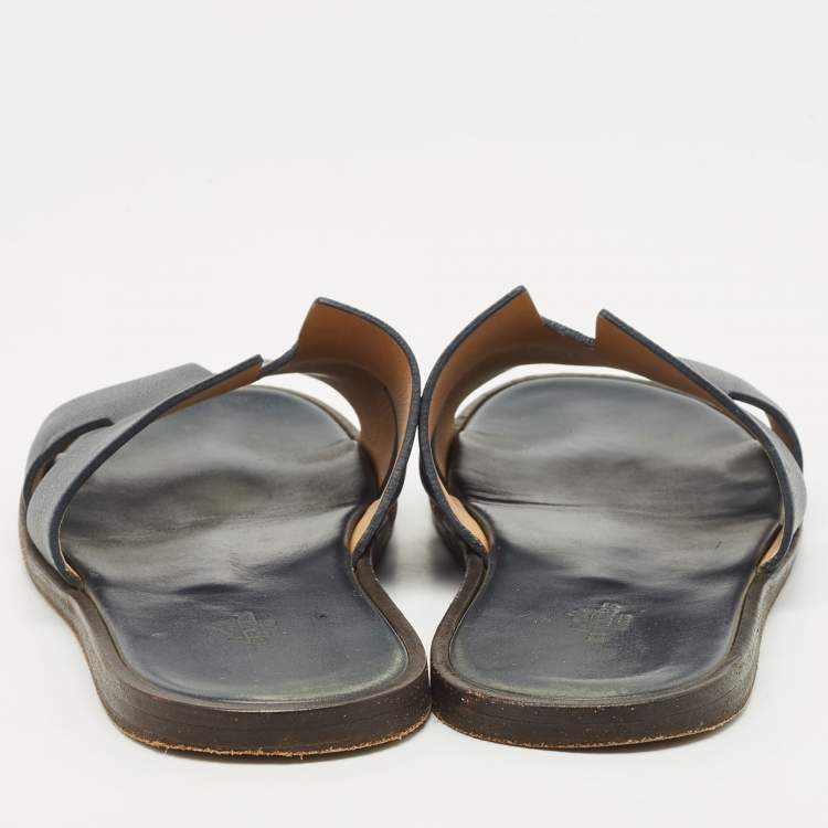 Pre Owned Hermes Navy Blue Leather Izmir Flat Slides Size 43