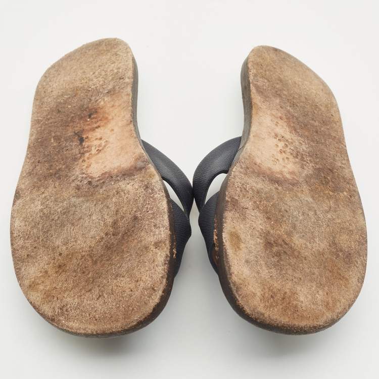 Pre Owned Hermes Navy Blue Leather Izmir Flat Slides Size 43
