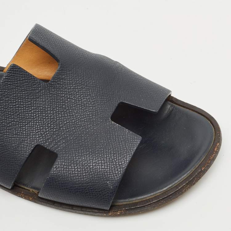 Pre Owned Hermes Navy Blue Leather Izmir Flat Slides Size 43