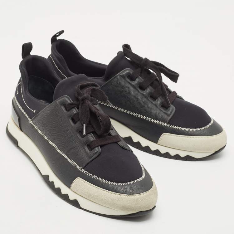 Pre Owned Hermes Black Neoprene and Leather Stadium Lace Up Sneakers Size 43.5