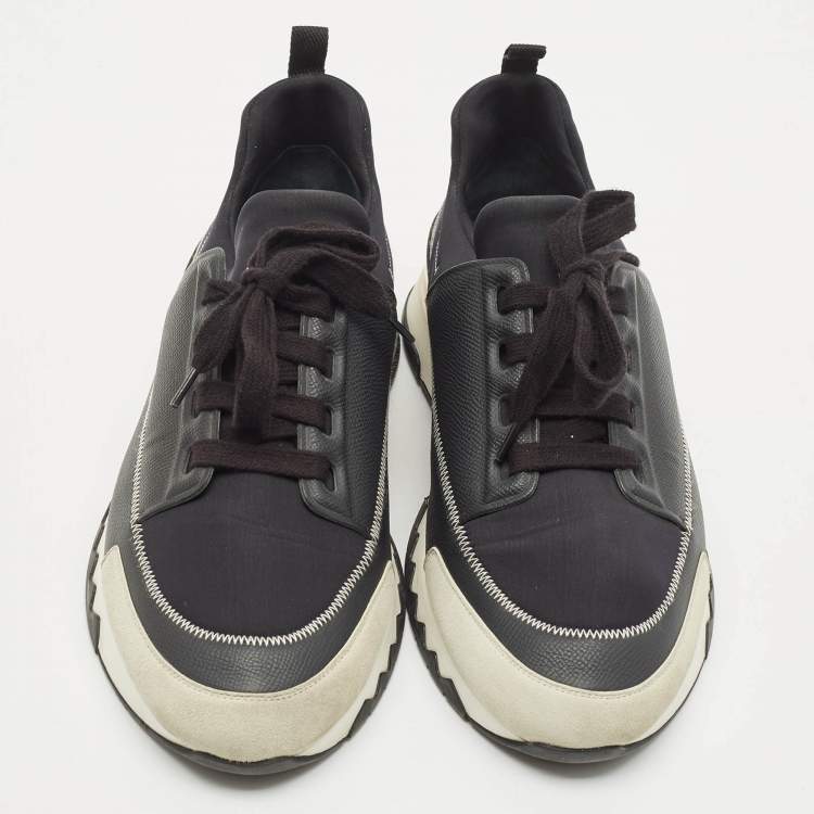 Pre Owned Hermes Black Neoprene and Leather Stadium Lace Up Sneakers Size 43.5