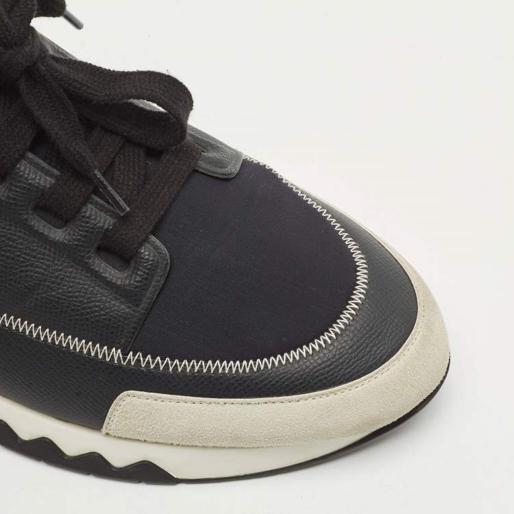 Pre Owned Hermes Black Neoprene and Leather Stadium Lace Up Sneakers Size 43.5