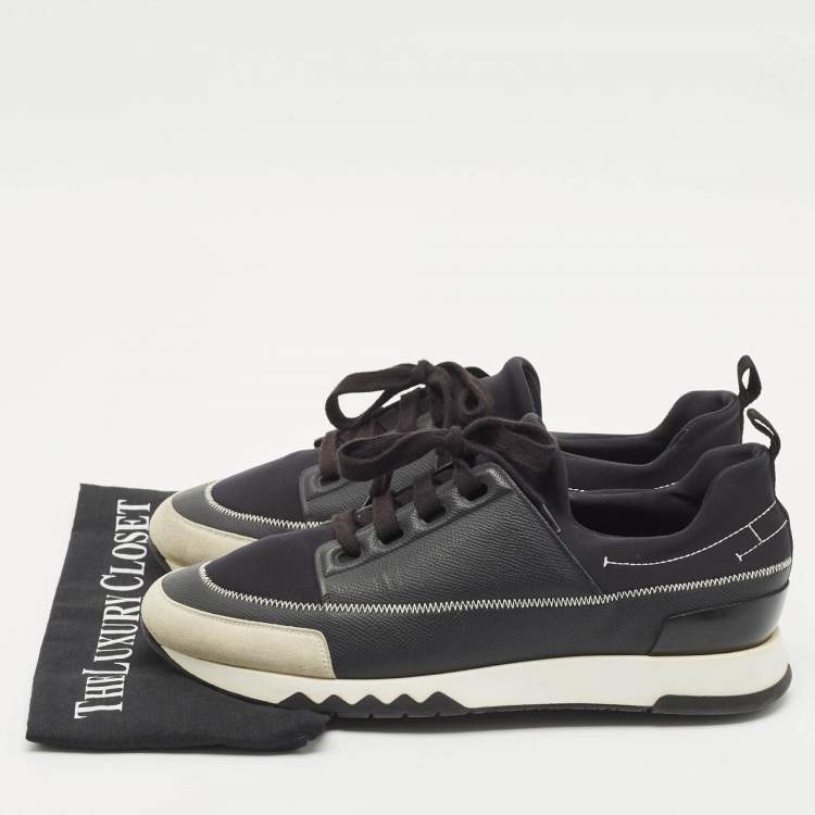 Pre Owned Hermes Black Neoprene and Leather Stadium Lace Up Sneakers Size 43.5