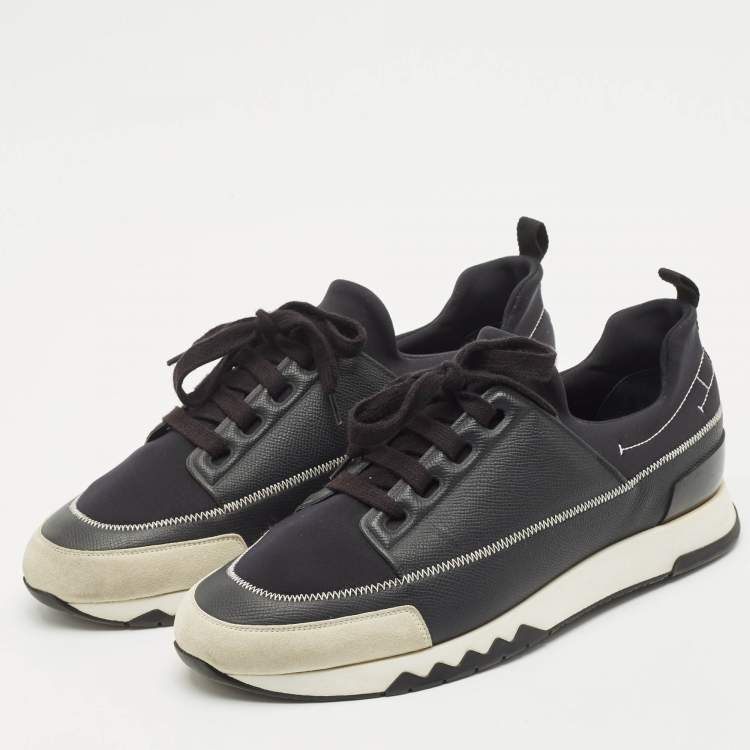 Pre Owned Hermes Black Neoprene and Leather Stadium Lace Up Sneakers Size 43.5