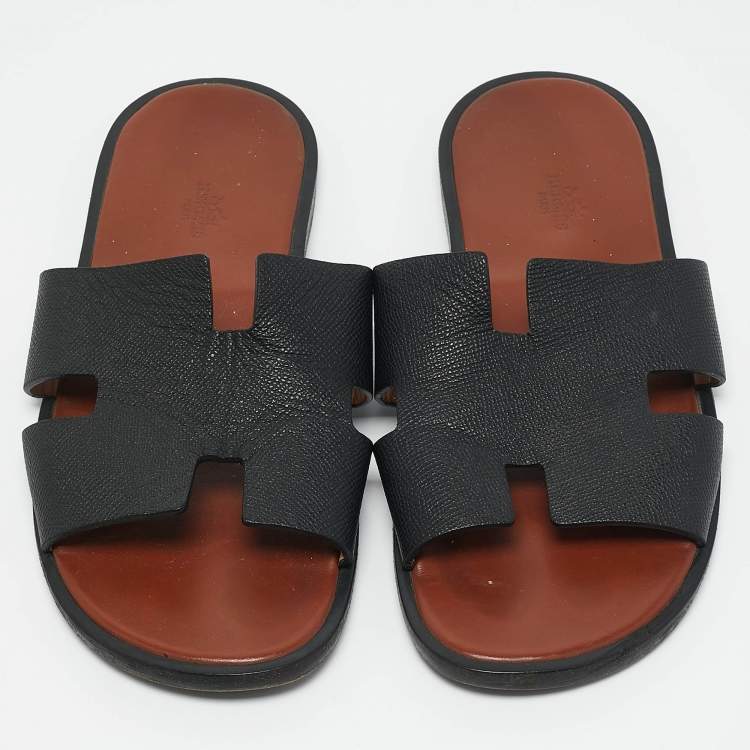 Pre Owned Hermes Black Leather Izmir Flat Sandals Size 43