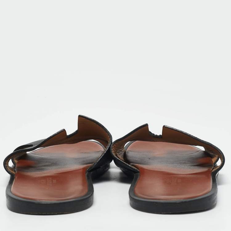 Pre Owned Hermes Black Leather Izmir Flat Sandals Size 43