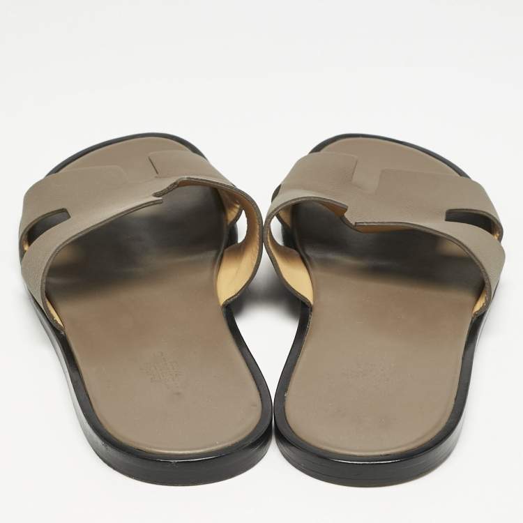 Pre Owned Hermes Brown Leather Izmir Flat Slide Sandals Size 43.5