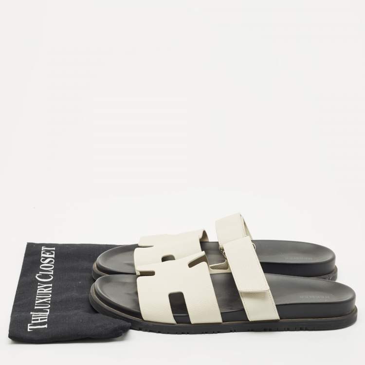Pre Owned Hermes Cream Leather Chypre Slide Sandals Size 46.5