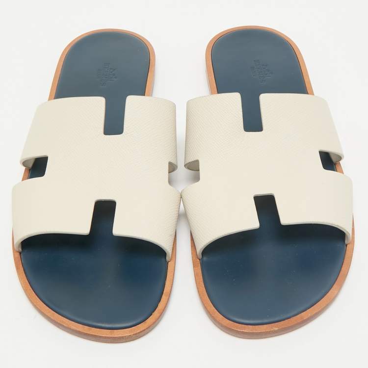 Pre Owned Hermes White/Blue Leather Izmir Flat Sandals Size 46