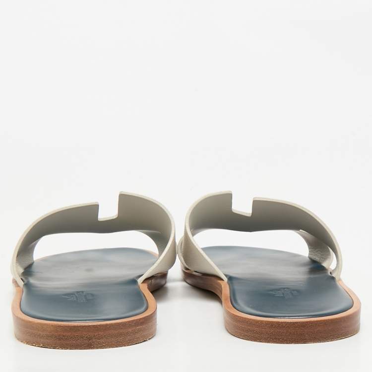 Pre Owned Hermes White/Blue Leather Izmir Flat Sandals Size 46