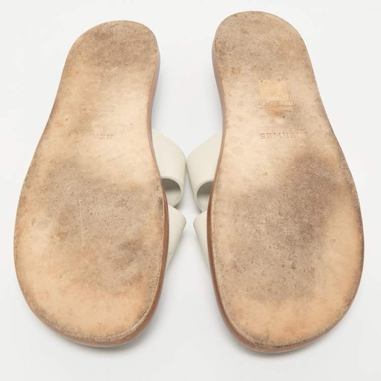 Pre Owned Hermes White/Blue Leather Izmir Flat Sandals Size 46