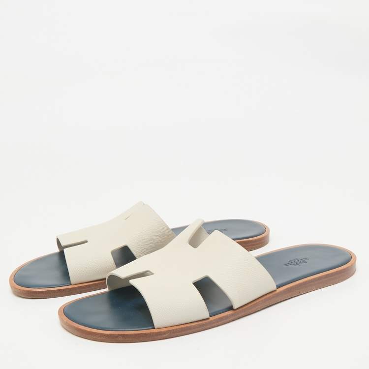 Pre Owned Hermes White/Blue Leather Izmir Flat Sandals Size 46