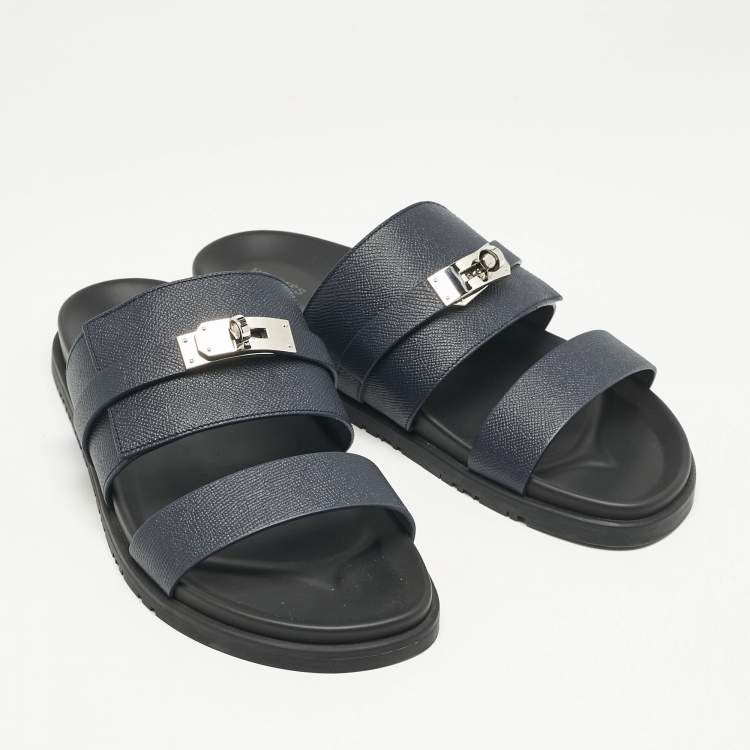 Pre Owned Hermes Navy Blue Leather Jackson Sandals Size 45