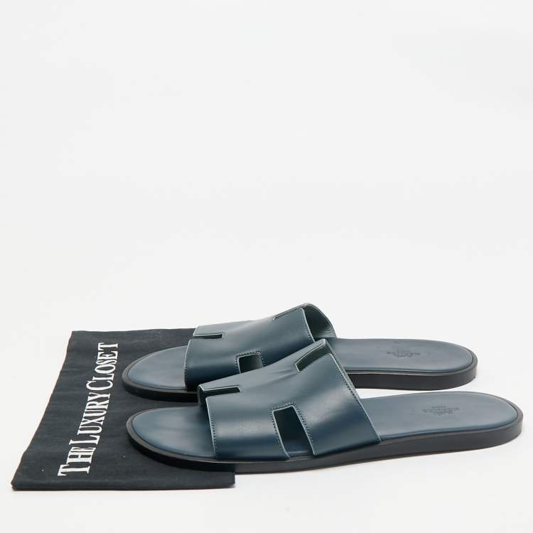 Pre Owned Hermes Navy Blue Leather Izmir Flat Slide Sandals Size 46
