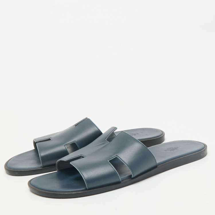 Pre Owned Hermes Navy Blue Leather Izmir Flat Slide Sandals Size 46