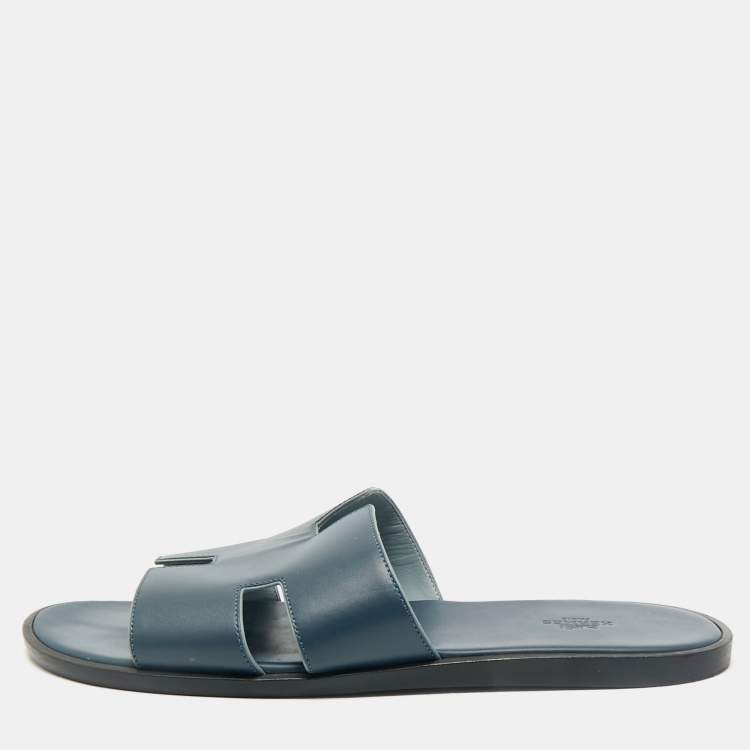 Pre Owned Hermes Navy Blue Leather Izmir Flat Slide Sandals Size 46