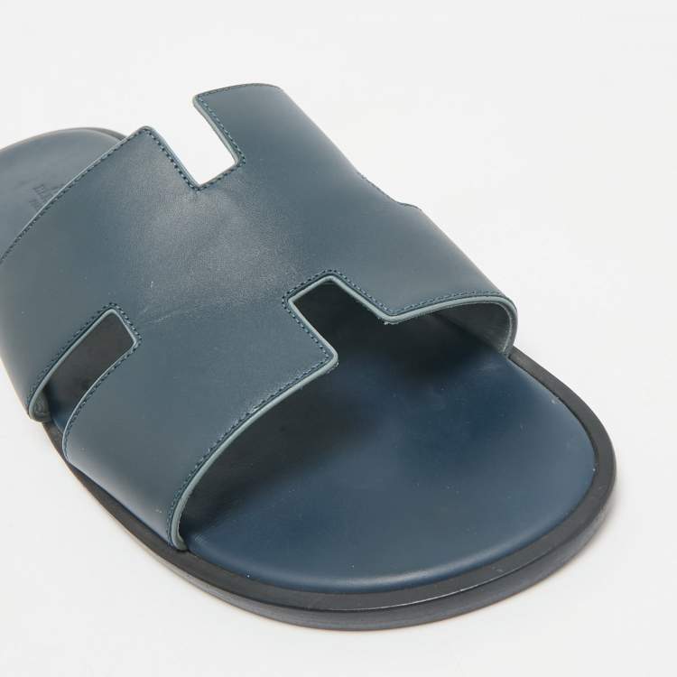 Pre Owned Hermes Navy Blue Leather Izmir Flat Slide Sandals Size 46