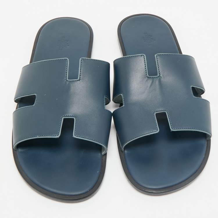 Pre Owned Hermes Navy Blue Leather Izmir Flat Slide Sandals Size 46