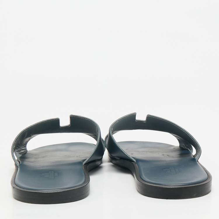 Pre Owned Hermes Navy Blue Leather Izmir Flat Slide Sandals Size 46