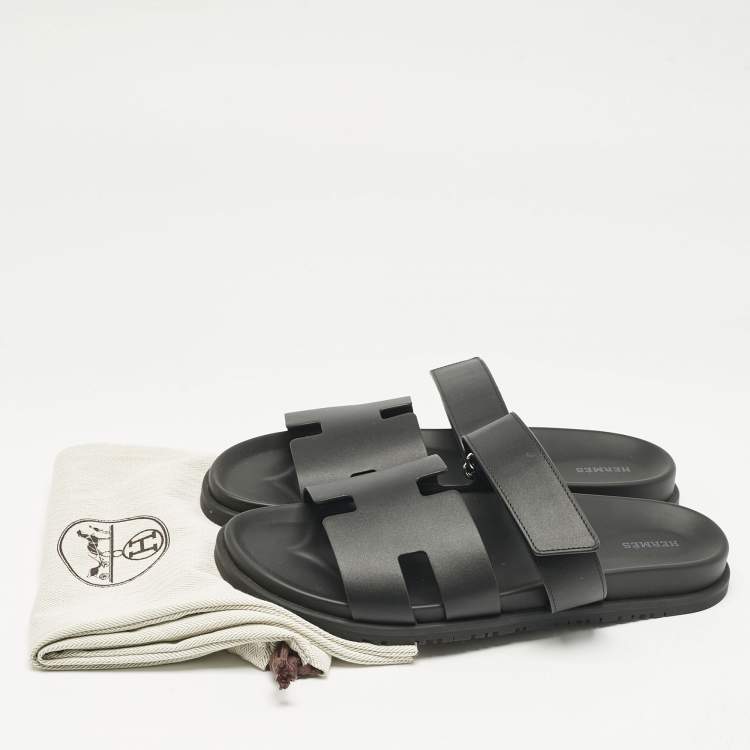 Pre Owned Hermes Black Leather Chypre Sandals Size 45.5