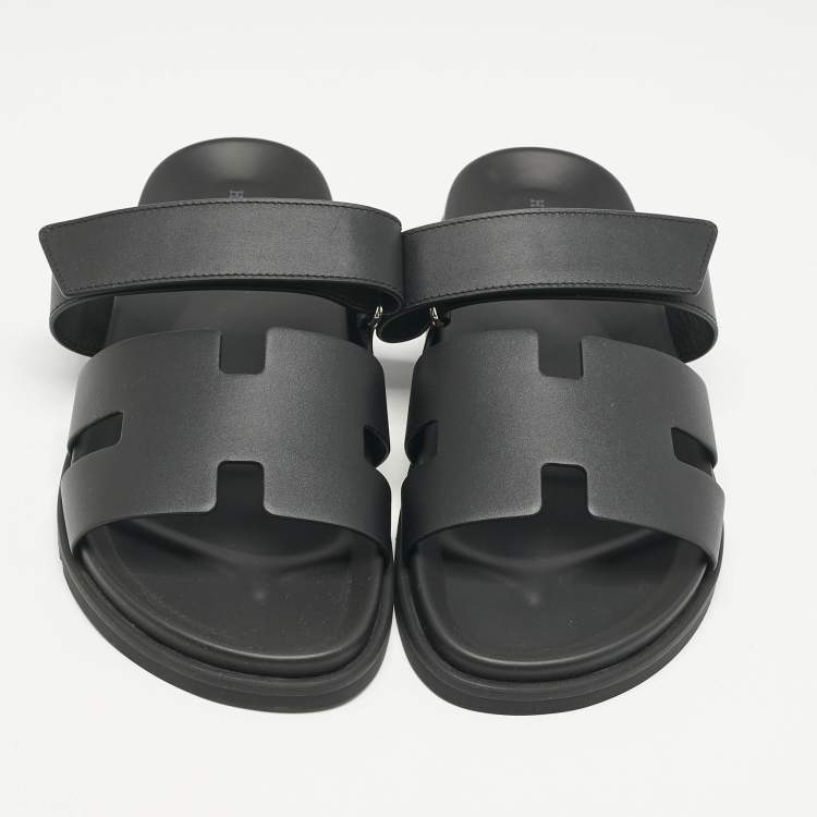 Pre Owned Hermes Black Leather Chypre Sandals Size 45.5